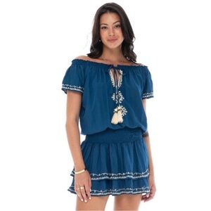 SKEMO Sakkas Bexley Scoop Neck Bell Short Sleeves Indigo Bling Gypsy Dress Sz XS